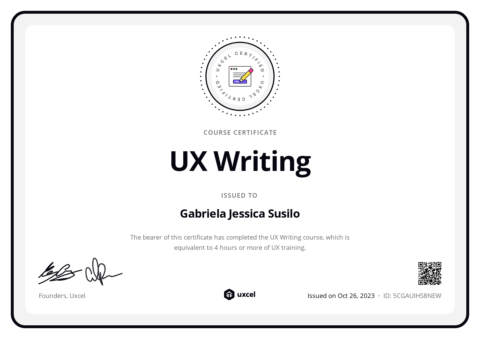 Gabriela Jessica Susilo's certificate